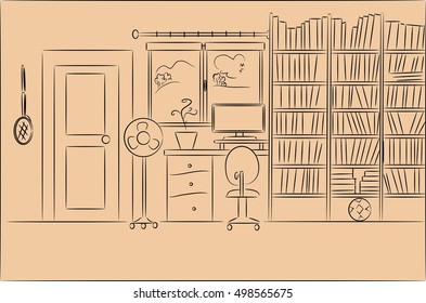 Sketch of home interior with bookcase 