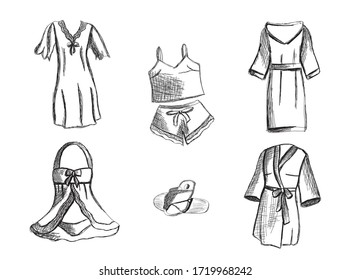 Sketch of home women's clothing, doodling in black and white, drawn carelessly. Drawing of fashionable home linen. A lot of vector objects.