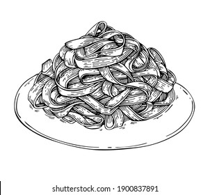 Sketch homemade Italian fettuccine pasta on plate . Hand drawn dish with spaghetti. Tagliatelle ,Pappardelle or Taglierini.