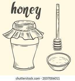 Sketch of honey jar, spoon and bowl vector vintage illustration. Hand engraved natural healthy product from honey and propolis, nectar of longevity.