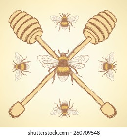 Sketch honey stick and bee in vintage style, vector