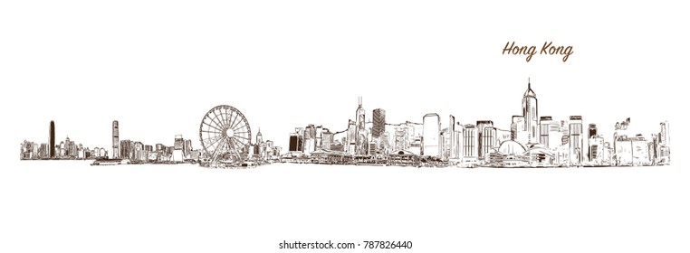 Sketch of Hong Kong City Skyline in vector illustration.