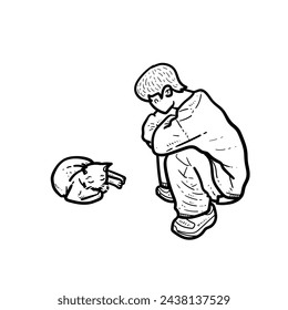 Sketch Hoodie Jacket sweater Man Boy guy accompany his cute cat sitting together isolated on white background vector modern illustrations