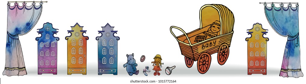 sketch horizontal for a nursery in an old city, cozy curtains and antique doll houses, a set of toys, a stroller painted in black lines isolated, watercolor bright spots on a white background.
