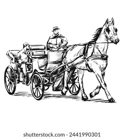 Boceto de la carreta de caballos y turista 