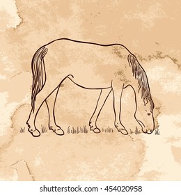 Sketch of horse eating grass on grunge brown background. Art vector illustration