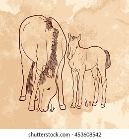 Sketch of horse and foal on grunge brown background. Art vector illustration.