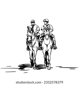 Sketch of horse police of Santiago de Chile, Two police officers ride horses next to each other, Vector hand drawn illustration