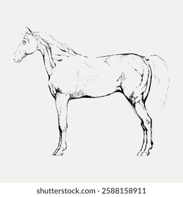 Sketch of a horse in profile, showing detailed line work. The horse sketch captures the animal's elegance and posture. Artistic horse illustration in black and white. Vintage animal vector.