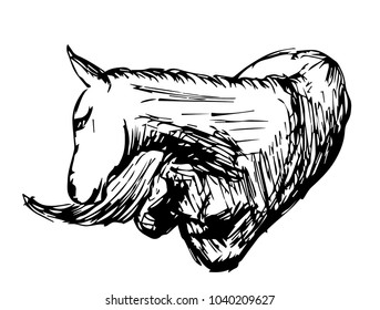 A sketch of a horse that lies bent over legs and looks sideways underneath itself with black lines