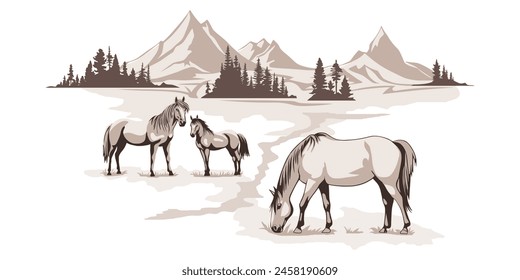 A sketch of horses grazing in a meadow against a mountain backdrop, vector illustration