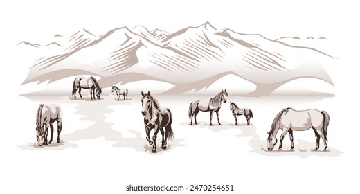 A sketch of horses grazing in a meadow against a mountain backdrop, vector illustration