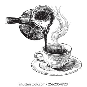 Sketch of hot coffee pouring from Turkish coffee maker into cup on saucer, realistic hand drawn vector illustration isolated on white