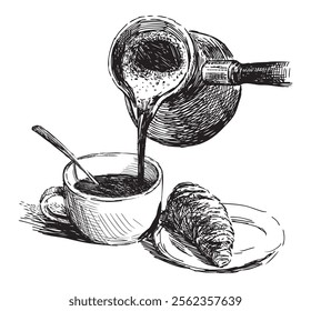 Sketch of hot coffee pouring from Turkish coffee maker into cup, croissant on saucer, realistic hand drawn vector illustration isolated on white