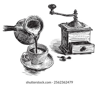 Sketch of hot coffee pouring from Turkish coffee maker into cup, vintage wooden coffee grinder, realistic hand drawn vector illustration isolated on white