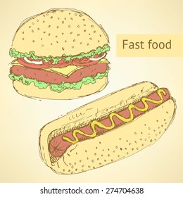 Sketch hot dog and hamburger in vintage style, vector