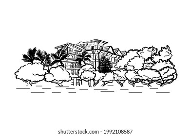 sketch of hotel building among palms and trees graphic black hand drawn vector illustration