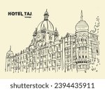 Sketch of hotel Taj Mumbai, India. Line art in vector.