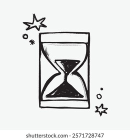 Sketch of an hourglass with stars. Simple black and white design. Hourglass symbolizes time. Stars add a whimsical touch to the sketch. Simple black line art doodle vector.