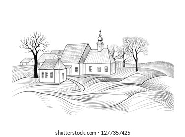 Sketch of house architecture. Country side skyline with perspective of exterior house