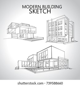 Sketch Of  House Architecture .Drawing  Free Hand Residence.