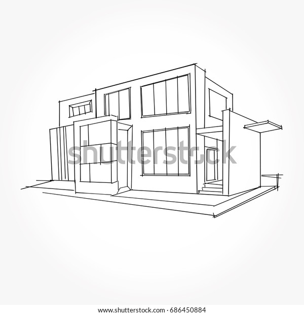 Sketch House Architecture Drawing Free Hand Stock Vector