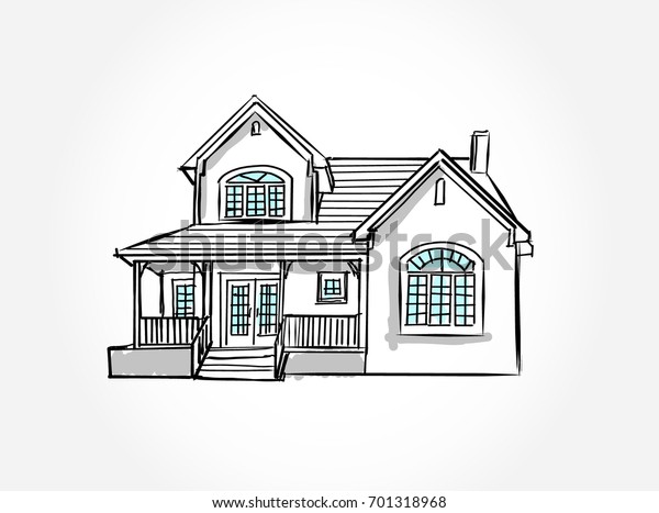 家の建築のスケッチ 図面フリー手描きのベクターイラスト 外部の家のスケッチ図面のパースペクティブ のベクター画像素材 ロイヤリティフリー