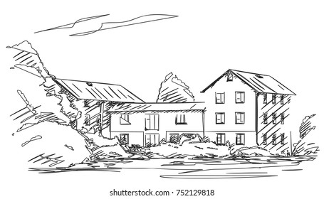 Sketch of house facade with two and three floors surrounded with trees made of abstract geometric lines and triangles, Hand drawn vector illustration