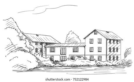 Sketch of house fasade with two and three floore surraunded with trees, Hand drawn vector illustration with hatched shades