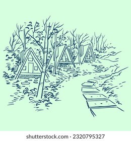 Skizze des Hauses auf Waldvektor für Karte, Dekoration, Illustration 