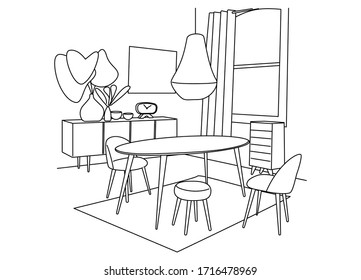 Sketch of house interior with modern furniture and decoration. Dining room with black lines on white background.