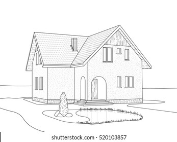 A sketch of the house with a loft and a small pond in front of him. Vector illustration.
