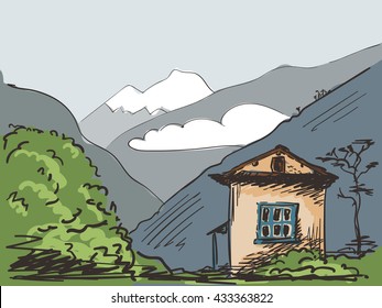 Sketch of house on background of mountains, Hand drawn illustration