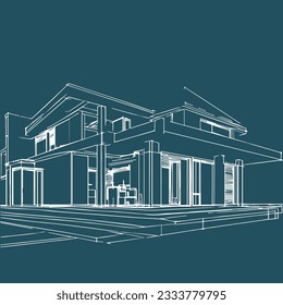 Sketch of the house on a blue background   Vector illustration 