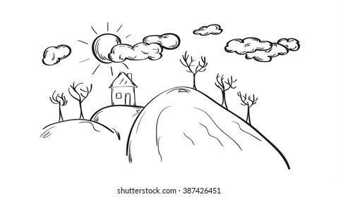 sketch of the house on hill, isolated vector