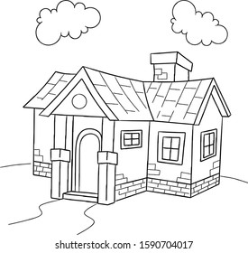 sketch of house on white background Nice fairy house with a chimney. Coloring page for little children.