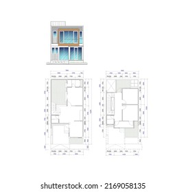 a sketch of a house plan and its elevation to see the front view, a sketch with blue notation and dimensions