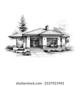 Sketch of a house project with large windows, drawn with a black brush. Vector