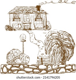 Sketch with a house, a shrub and a bench. Print for printing