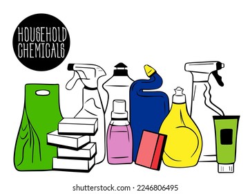 Sketch household chemicals big set. cleaning products - washing powder, spray, sponge, cleaning cloth and household chemicals. illustration of toilet cleaning products, at home. doodles