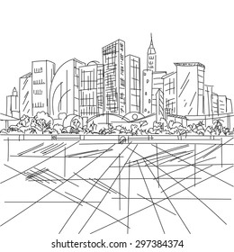 Sketch houses and building. Minimalism contours in vector. Black and white