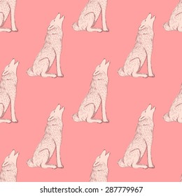 Sketch howling wolf in vintage style, vector seamless pattern