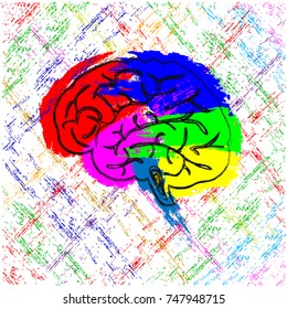 A sketch of the human brain, presented in the form of brush strokes with a multicolored paint. Abstraction, illustration