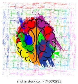 Sketch of the human brain, presented in the form of brush strokes with colored paint, on a multicolored background. Abstraction, vector illustration