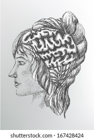 sketch of human brain and a woman's face painted in scrawl style. trace of pattern