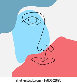 Sketch of a human face drawn by a continuous line on abstract color background. Modern vector illustration.