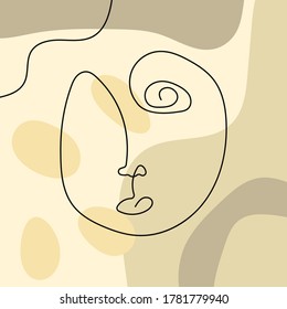 Sketch of human face on colored background with abstract shapes. Stylish modern collage. Vector illustration drawn by hand.