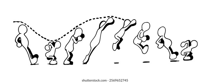 Sketch human figure jumping. Animated motion movements poses sequence . Cartoon style vector illustration.