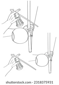 Sketch of a human hand holding a brazilian music instrument, berimbau. Vector illustration doodle of a capoeirista playing on berimbau. Black line drawing with white background.