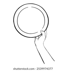 Sketch of Human Hand Holding a Plate. Outline Culinary Gesture Vector Illustration